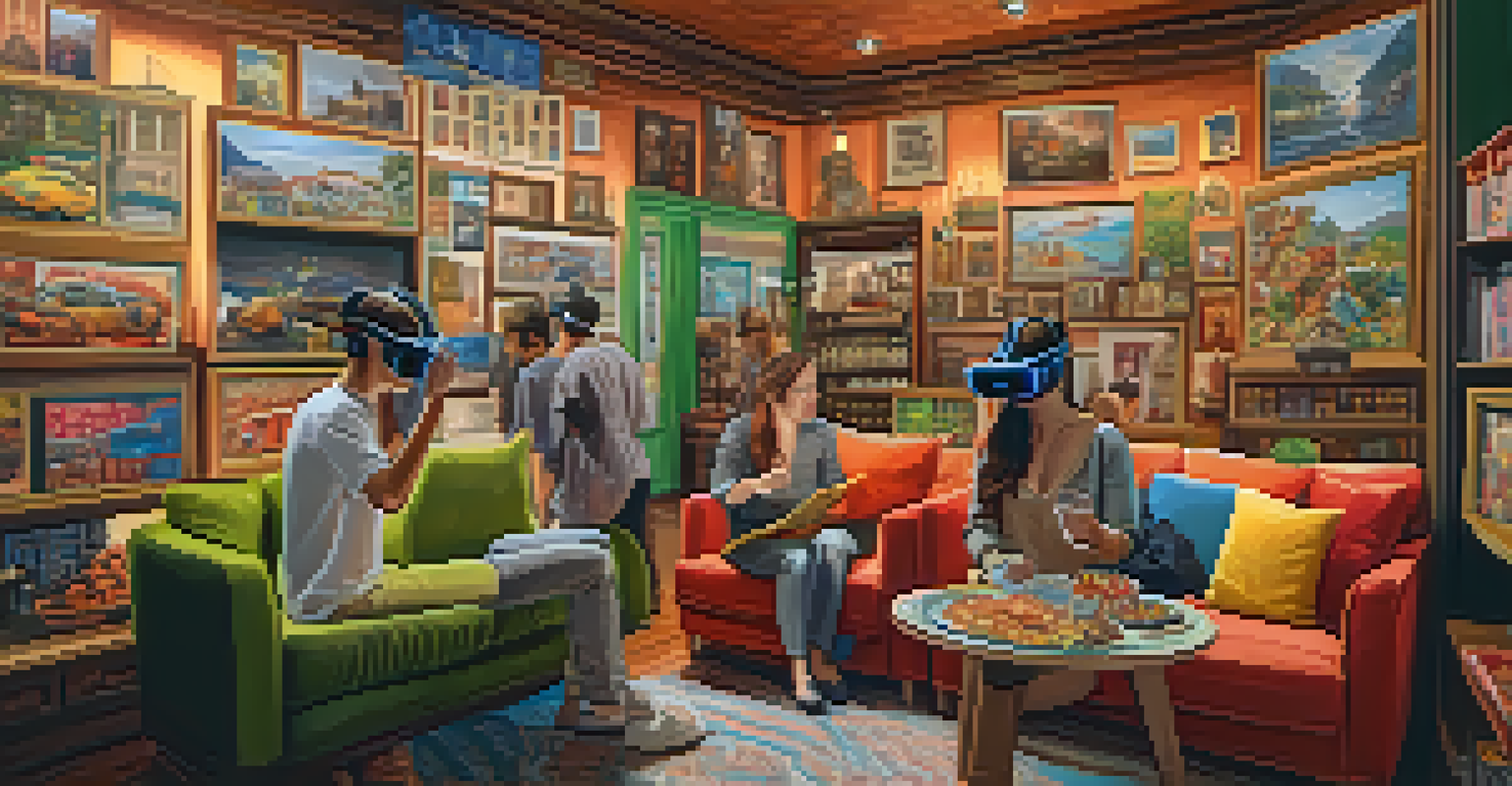 A person in a cozy living room wearing virtual reality goggles, exploring a colorful and lively virtual market.