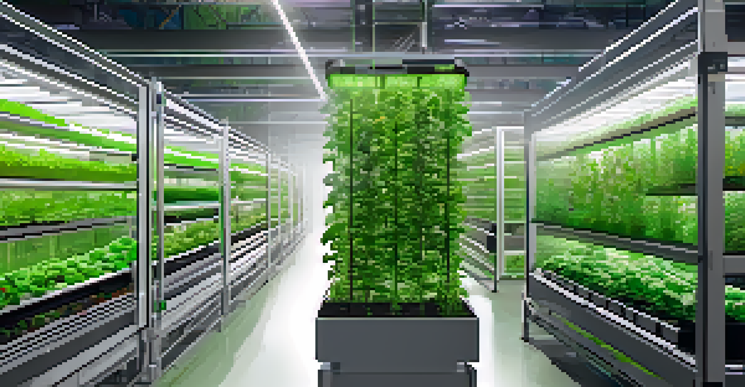 An indoor vertical farm with layers of crops, automated systems, and a farmer harvesting plants under artificial lights.
