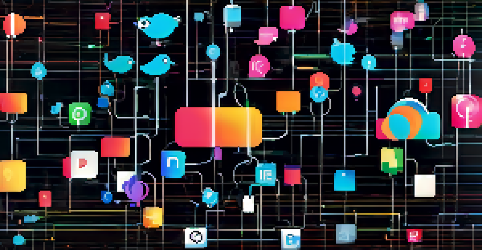 An abstract image featuring floating social media icons connected by lines against a dark background, symbolizing digital evidence.