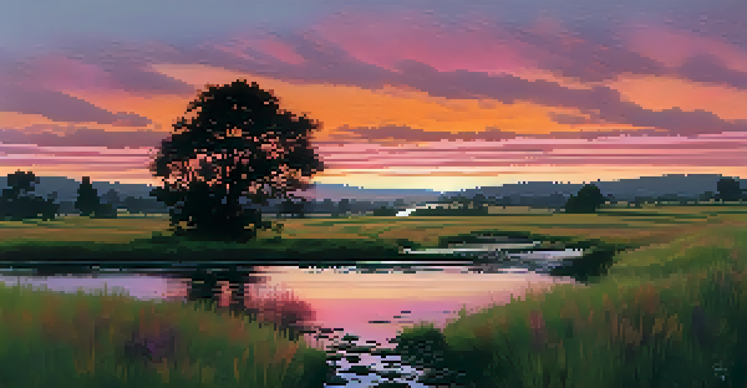 A picturesque sunset landscape with rolling hills, colorful skies, and a tranquil stream with a wooden bridge, creating a peaceful and inviting atmosphere.
