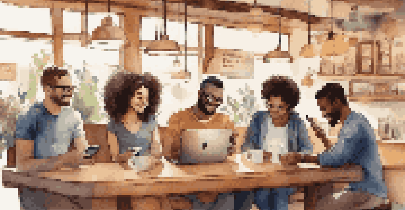 A group of diverse individuals using a payment app in a coffee shop, showcasing a friendly and engaging atmosphere.