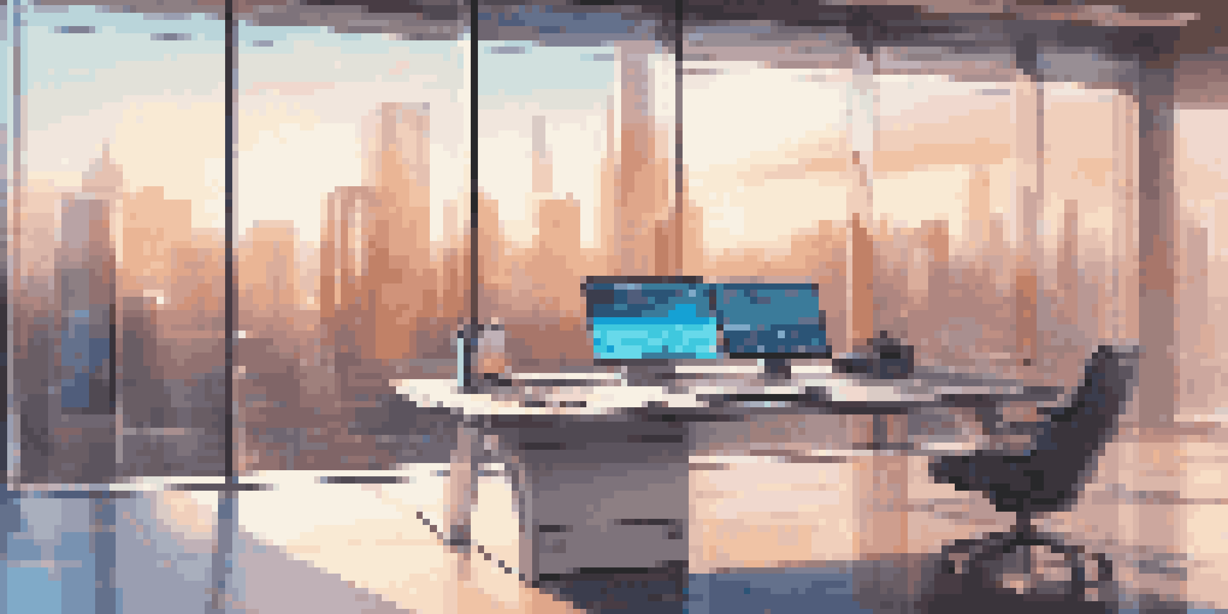 A sleek Edge AI device in a bright workspace with a glowing interface and city views.