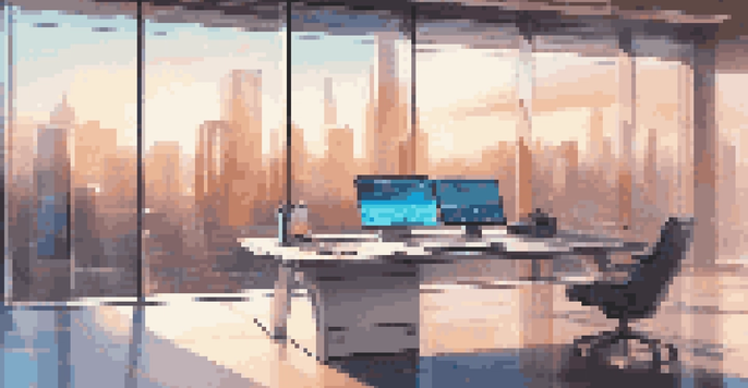 A sleek Edge AI device in a bright workspace with a glowing interface and city views.