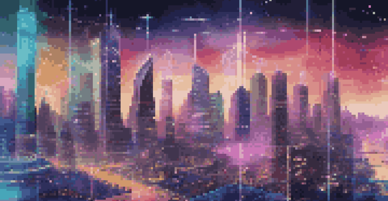 A futuristic city skyline with digital data analytics overlays, illuminated by neon colors representing technology integration.