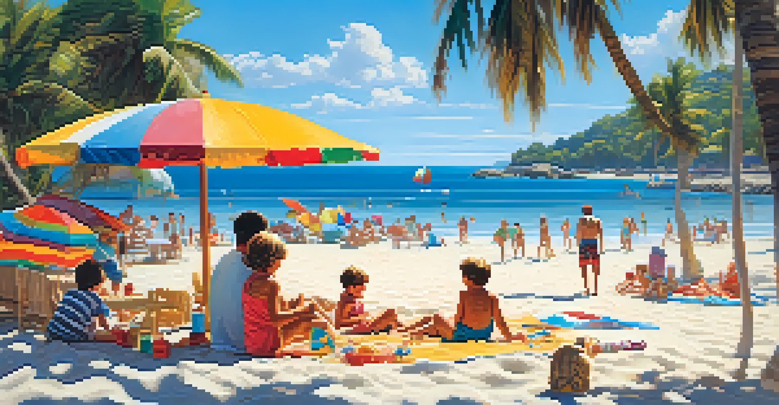 A sunny beach scene with families enjoying their day, showcasing children playing in the sand and parents relaxing.