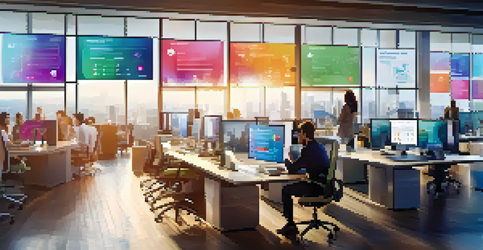 A diverse group of employees in a modern office collaborating over digital analytics on screens, with natural light illuminating the workspace.