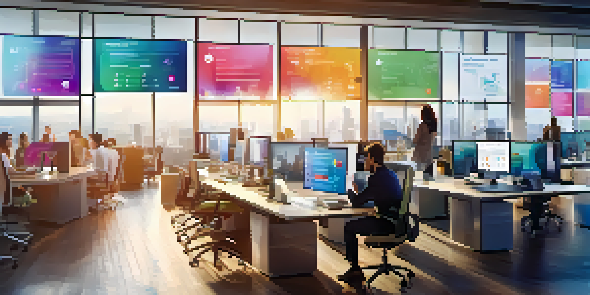 A diverse group of employees in a modern office collaborating over digital analytics on screens, with natural light illuminating the workspace.