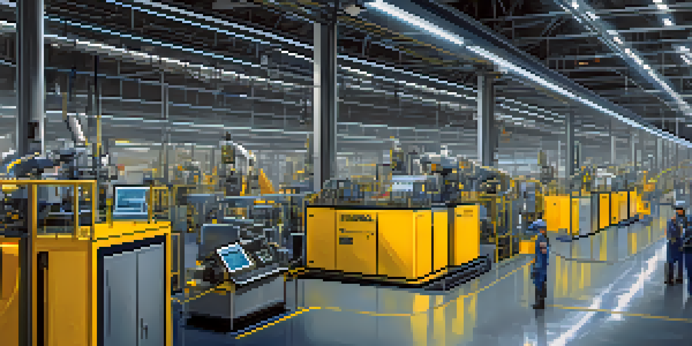 A bright and modern manufacturing facility with advanced machinery, digital screens showing data analytics, and sensors in action.