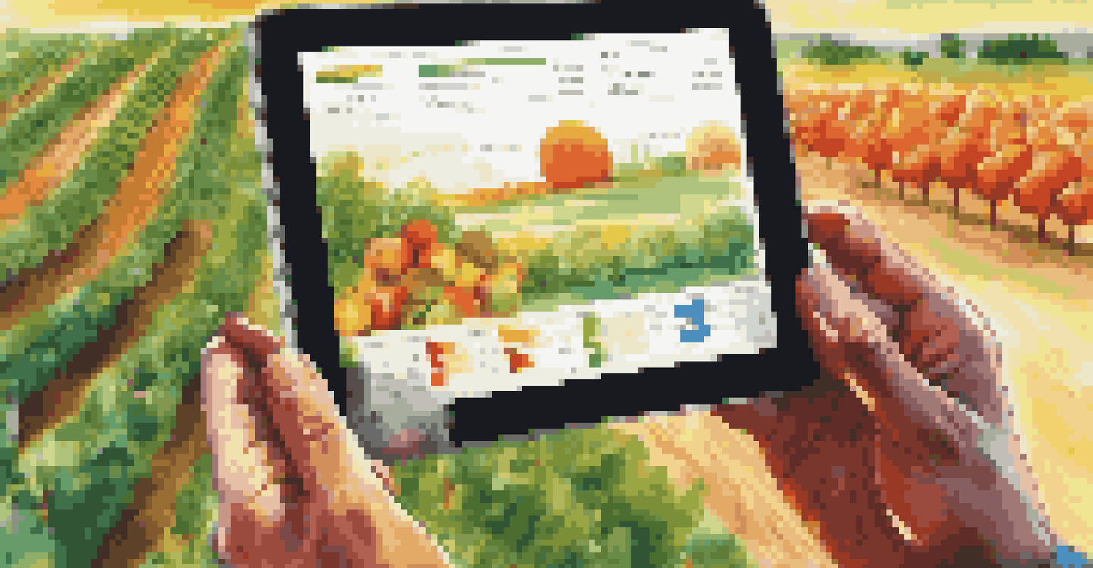 A close-up of a farmer's hands on a tablet showing crop data, with a healthy orchard in the background.