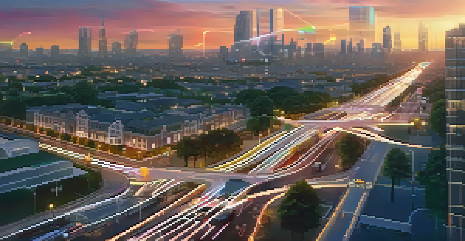 An aerial view of a smart city at sunset with interconnected traffic lights and vehicles, highlighting the integration of AI and IoT technology.
