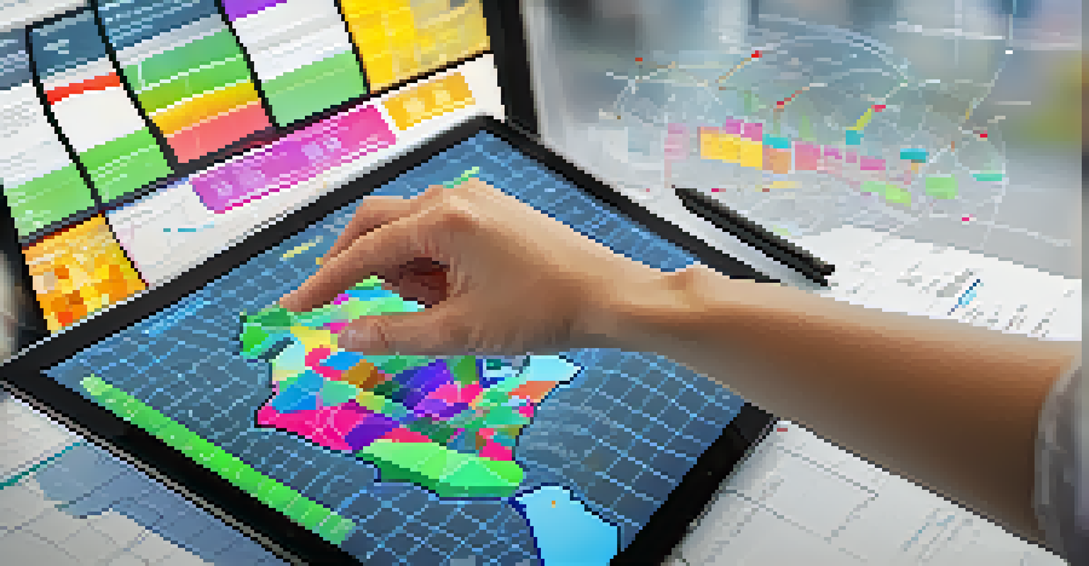A hand touching a touchscreen tablet displaying an interactive map with colorful data points, set against a blurred background.