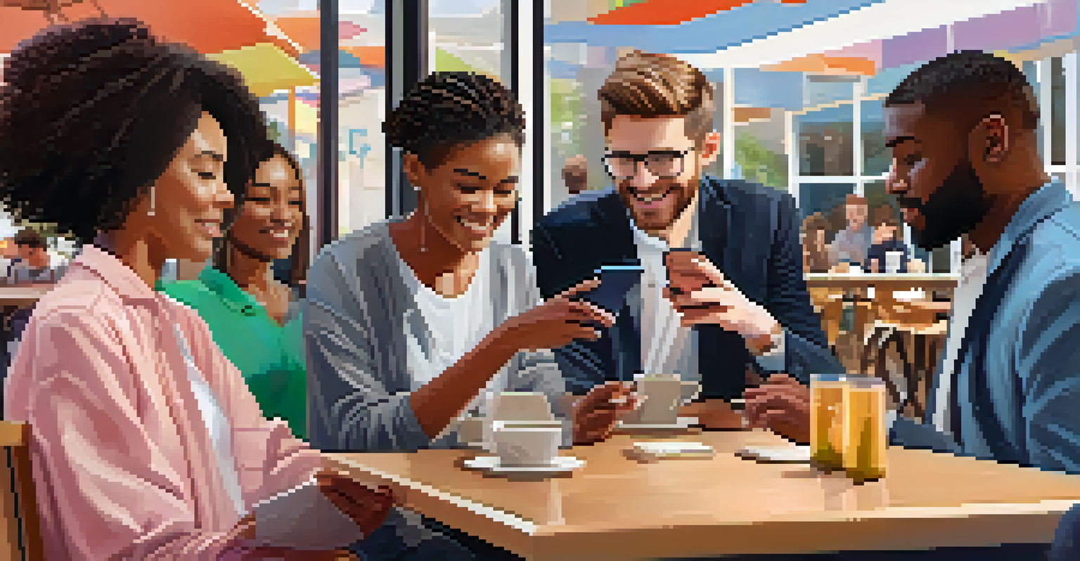 A diverse group of people communicating using devices with hearing-impaired apps in a vibrant café setting.