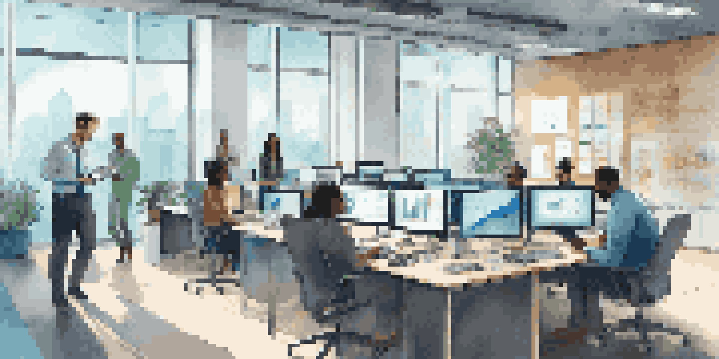 A diverse group of professionals working together in a modern office, collaborating on analytics with data displays on screens.