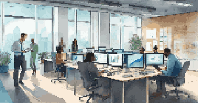 A diverse group of professionals working together in a modern office, collaborating on analytics with data displays on screens.