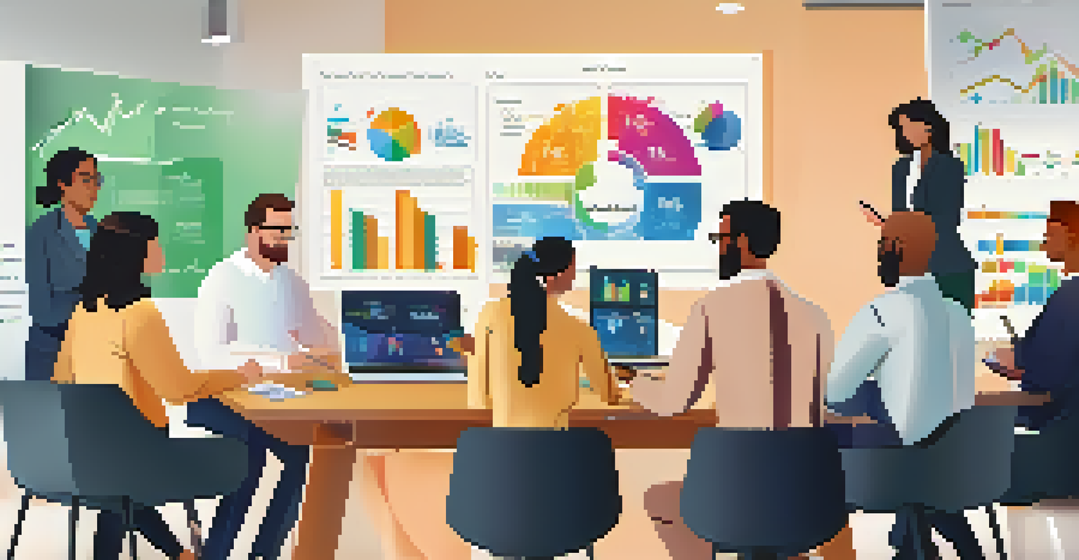 Diverse professionals engaged in discussion about proprietary CMS solutions around a bright conference table, with presentation charts visible in the background.