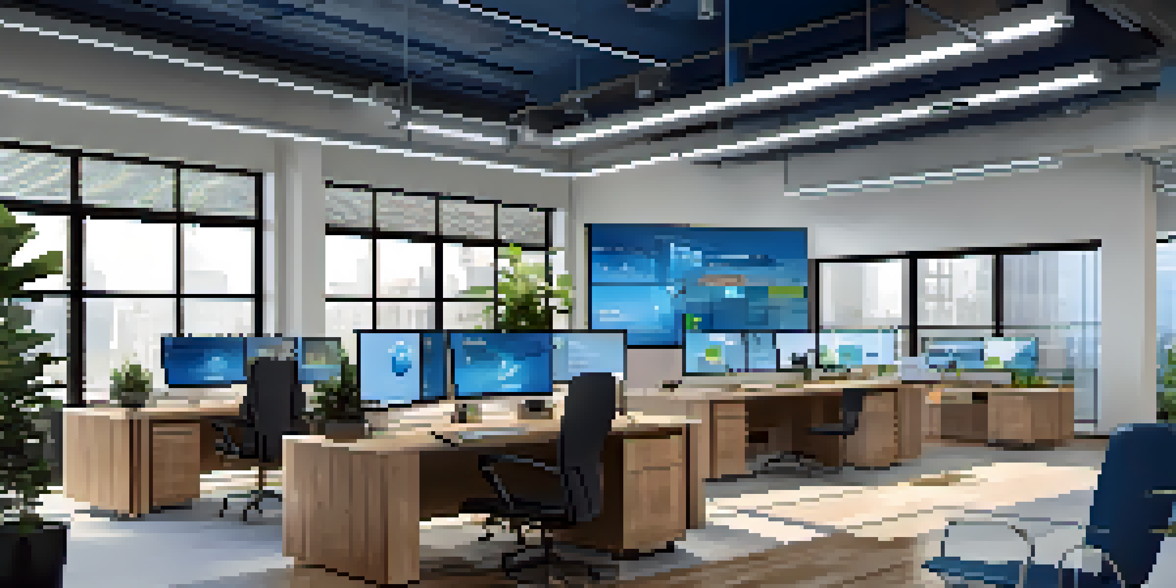 A contemporary office with multiple computer screens showing different software applications, brightened by natural light from a large window.