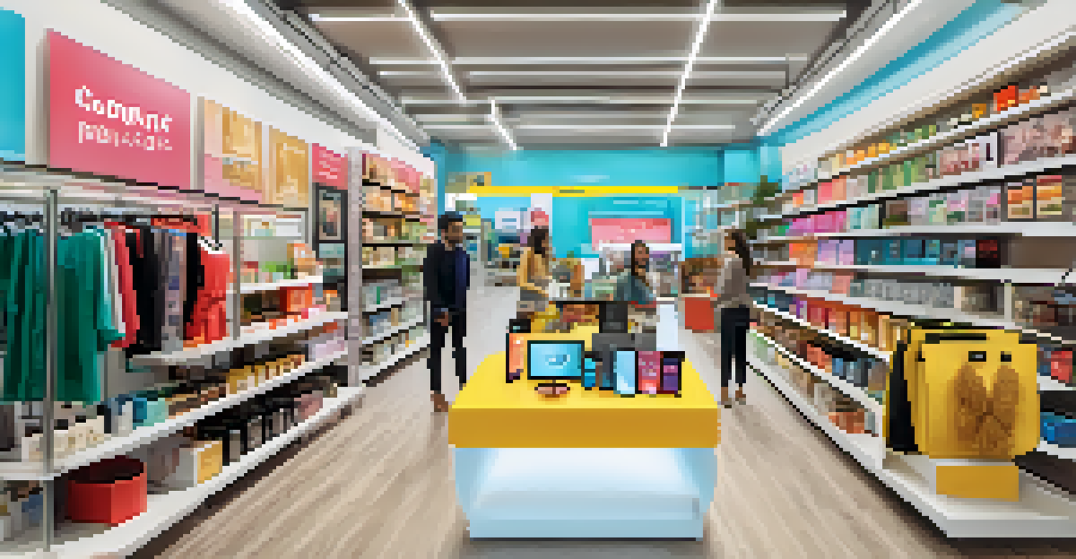 A retail store where customers use smartphones to interact with augmented reality displays, showcasing various products with colorful information overlays.