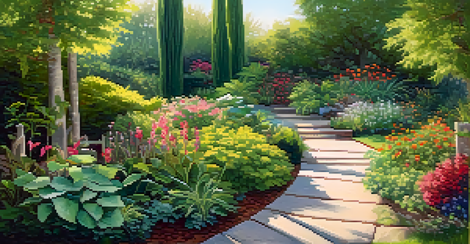 A lush garden filled with various plants and colorful flowers, illuminated by sunlight with a winding path.