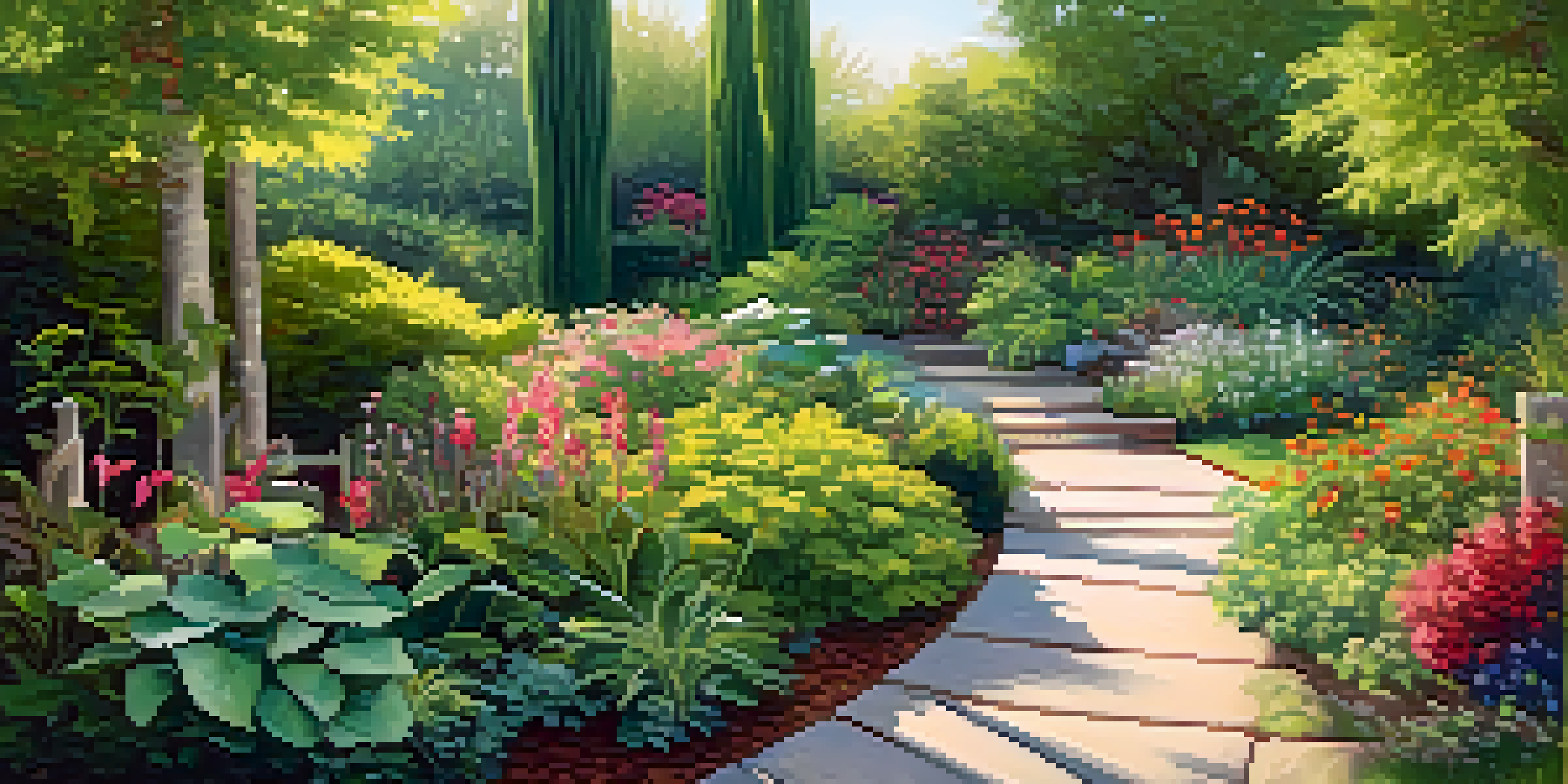 A lush garden filled with various plants and colorful flowers, illuminated by sunlight with a winding path.