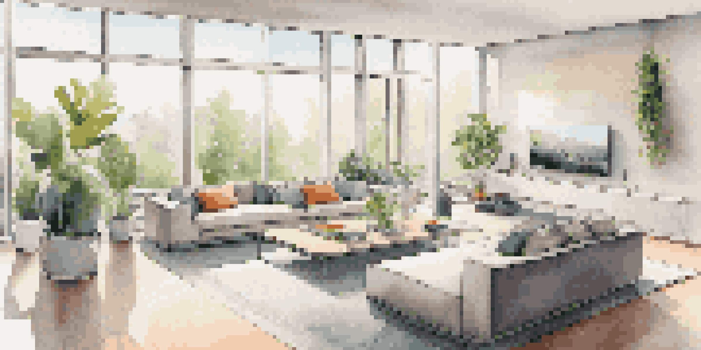 A bright and modern living room in a smart home with automated controls, large windows, and contemporary furniture.