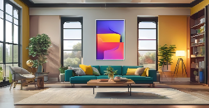 A smartphone displaying a futuristic app interface with augmented reality furniture in a cozy home setting.