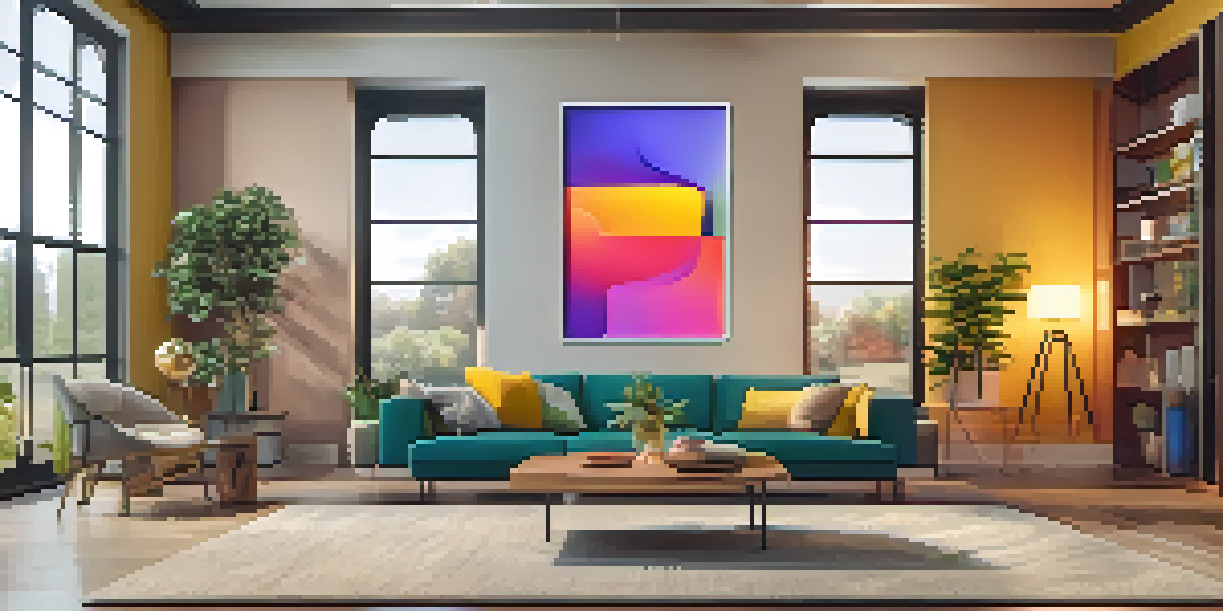 A smartphone displaying a futuristic app interface with augmented reality furniture in a cozy home setting.