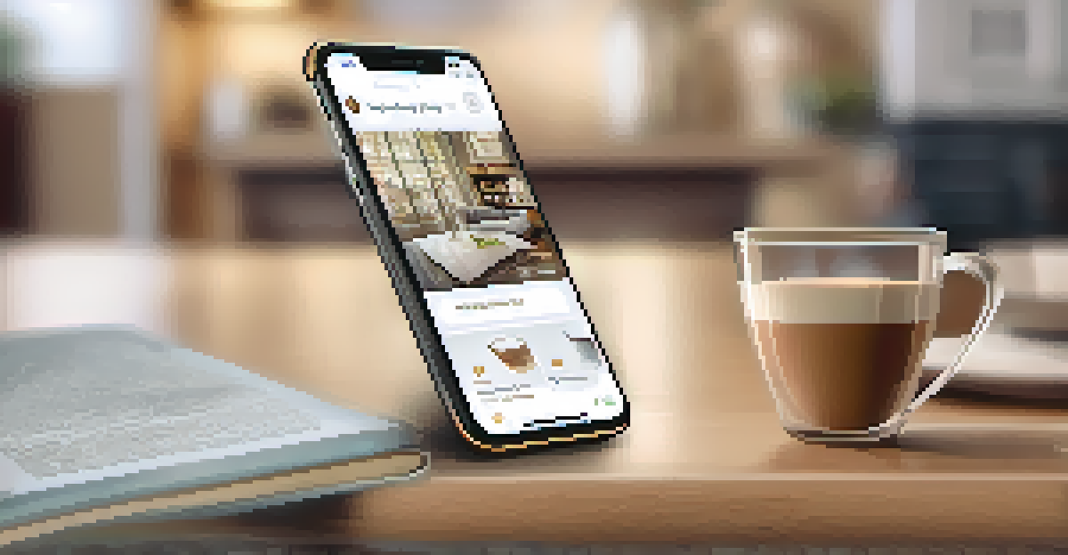 A smartphone screen with a personalized shopping app interface in a cozy home setting.