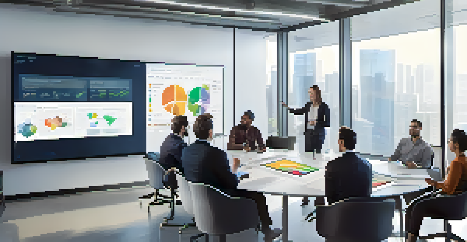 A diverse team collaborating in a modern office, with a large screen showing digital asset management tools and team members engaged in discussion.