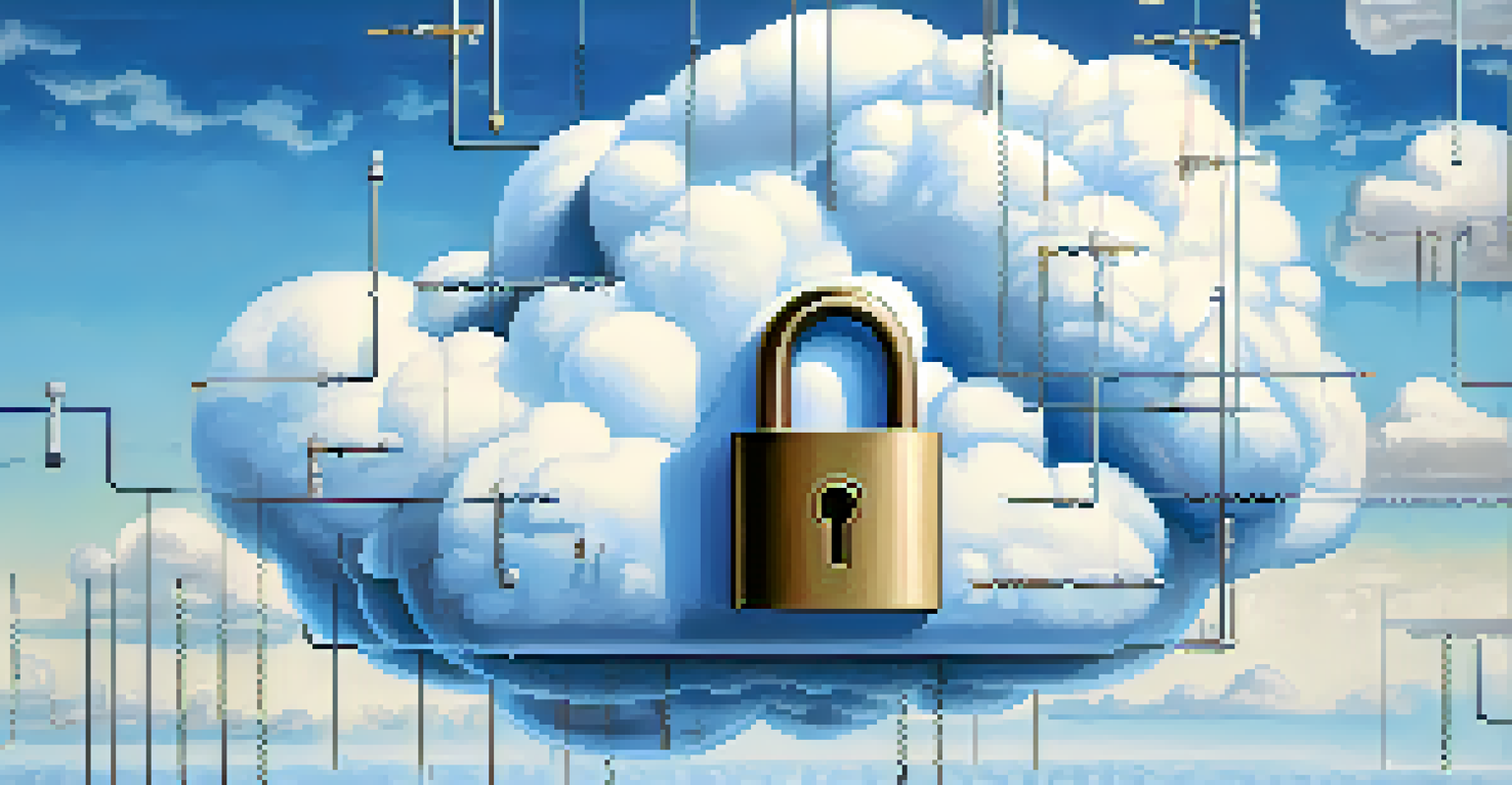 An abstract digital cloud with exposed locks and open padlocks, against a blue and white gradient background with binary code.