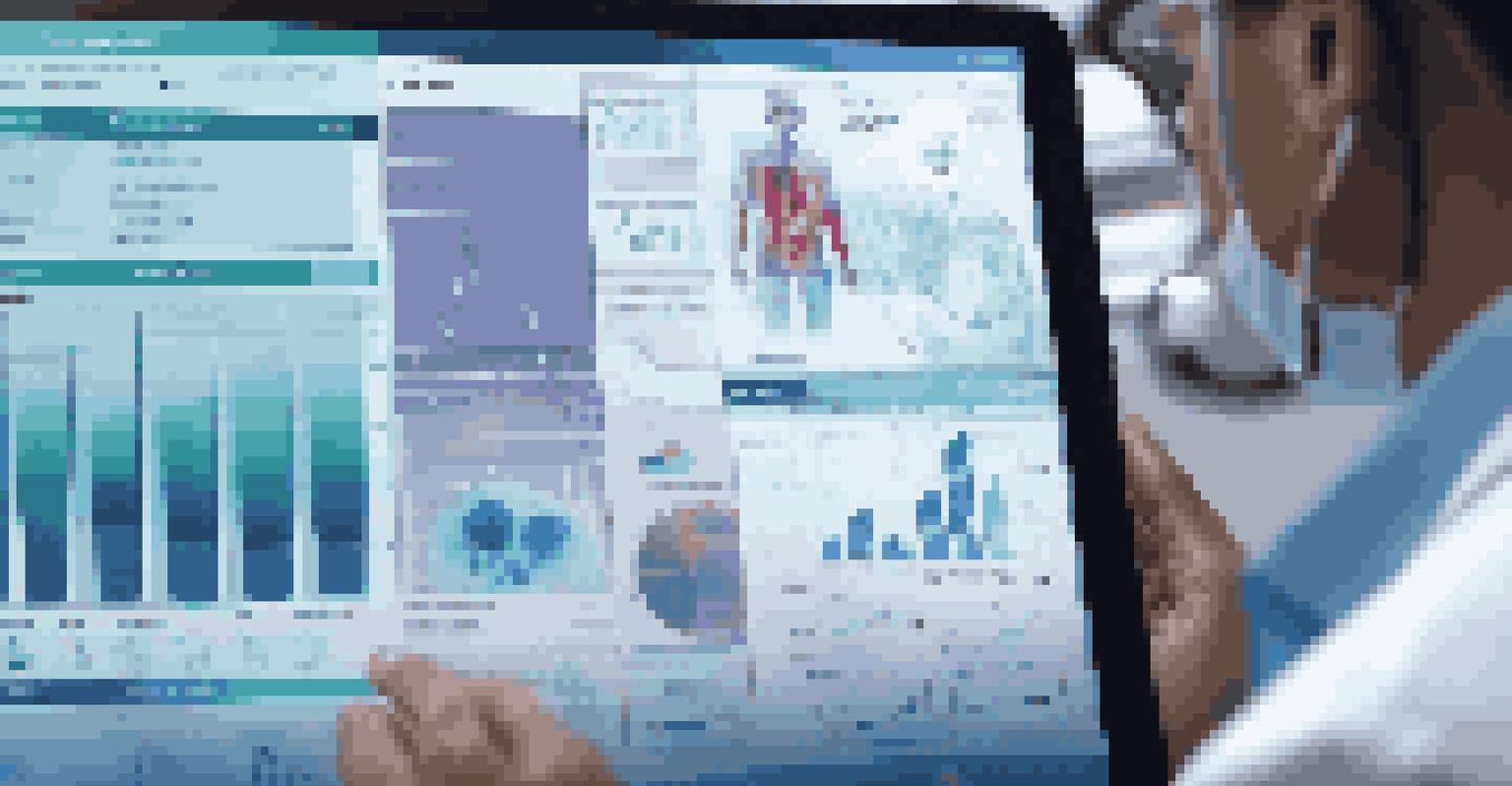 A doctor analyzing patient data on a tablet with a holographic interface in a warm-lit medical workspace.