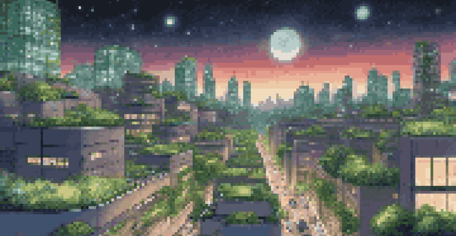 Futuristic city at night with smart lighting, solar panels, and greenery.
