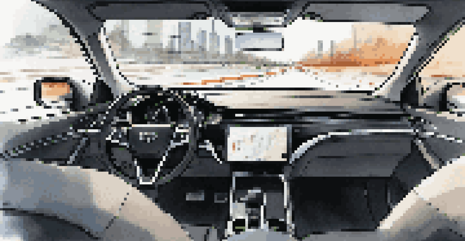 A car interior showcasing an advanced driver-assistance system with a modern dashboard displaying real-time data and safety features.