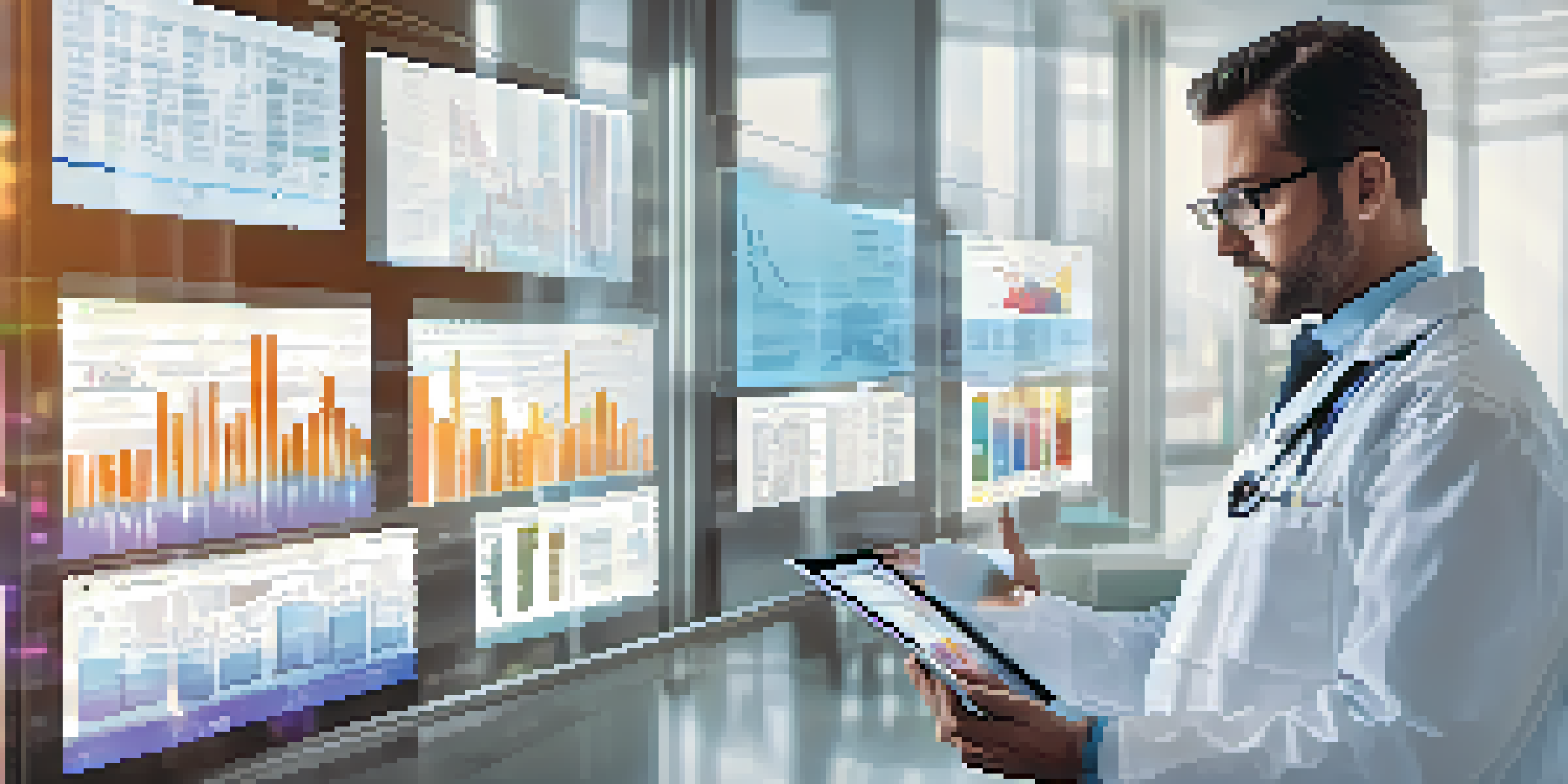 A healthcare worker using a tablet to analyze patient data, with holographic health graphs around them in a well-lit hospital.