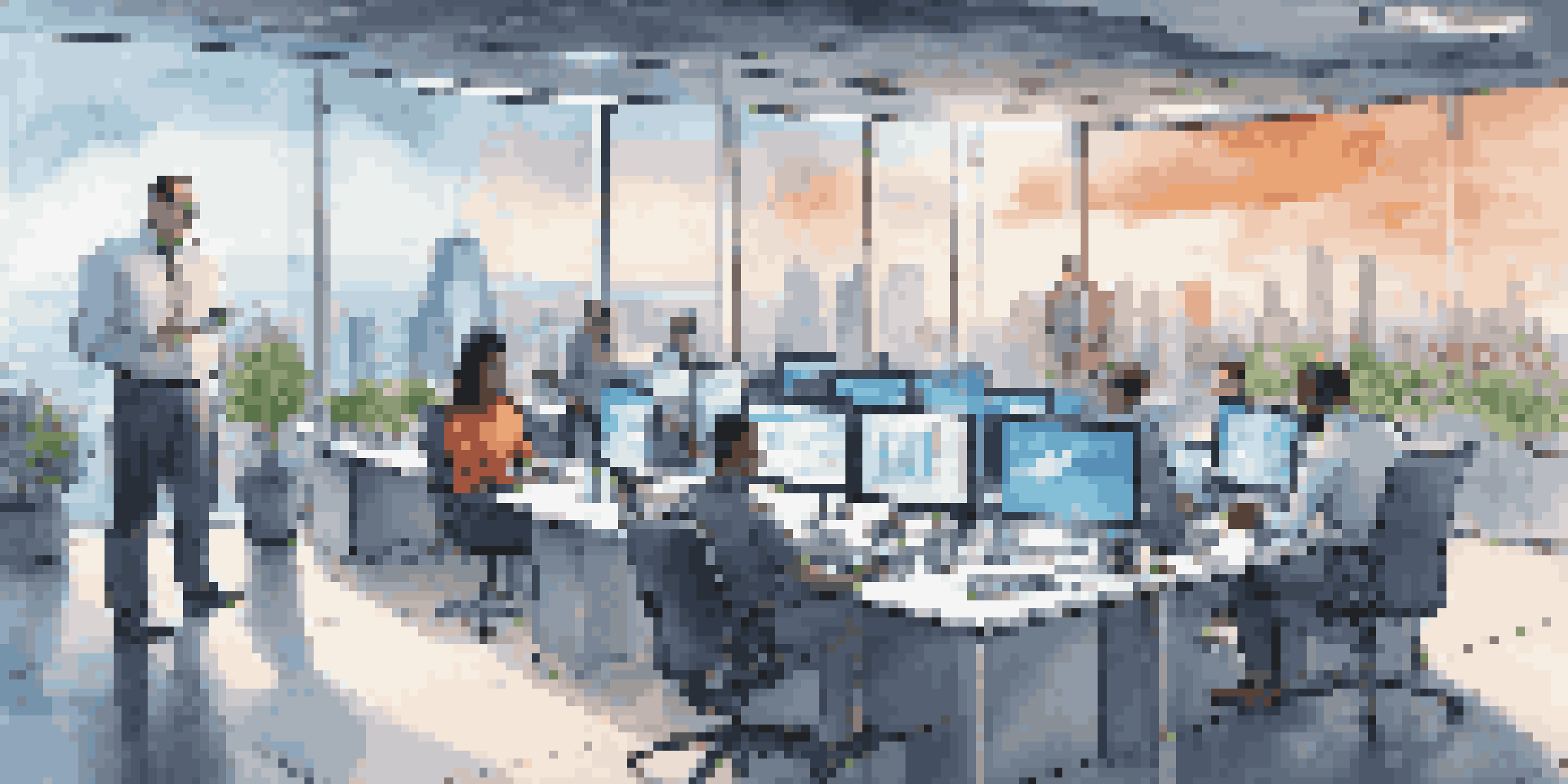 A modern office with employees training on cloud security technologies, featuring screens with data analytics and a city skyline view.