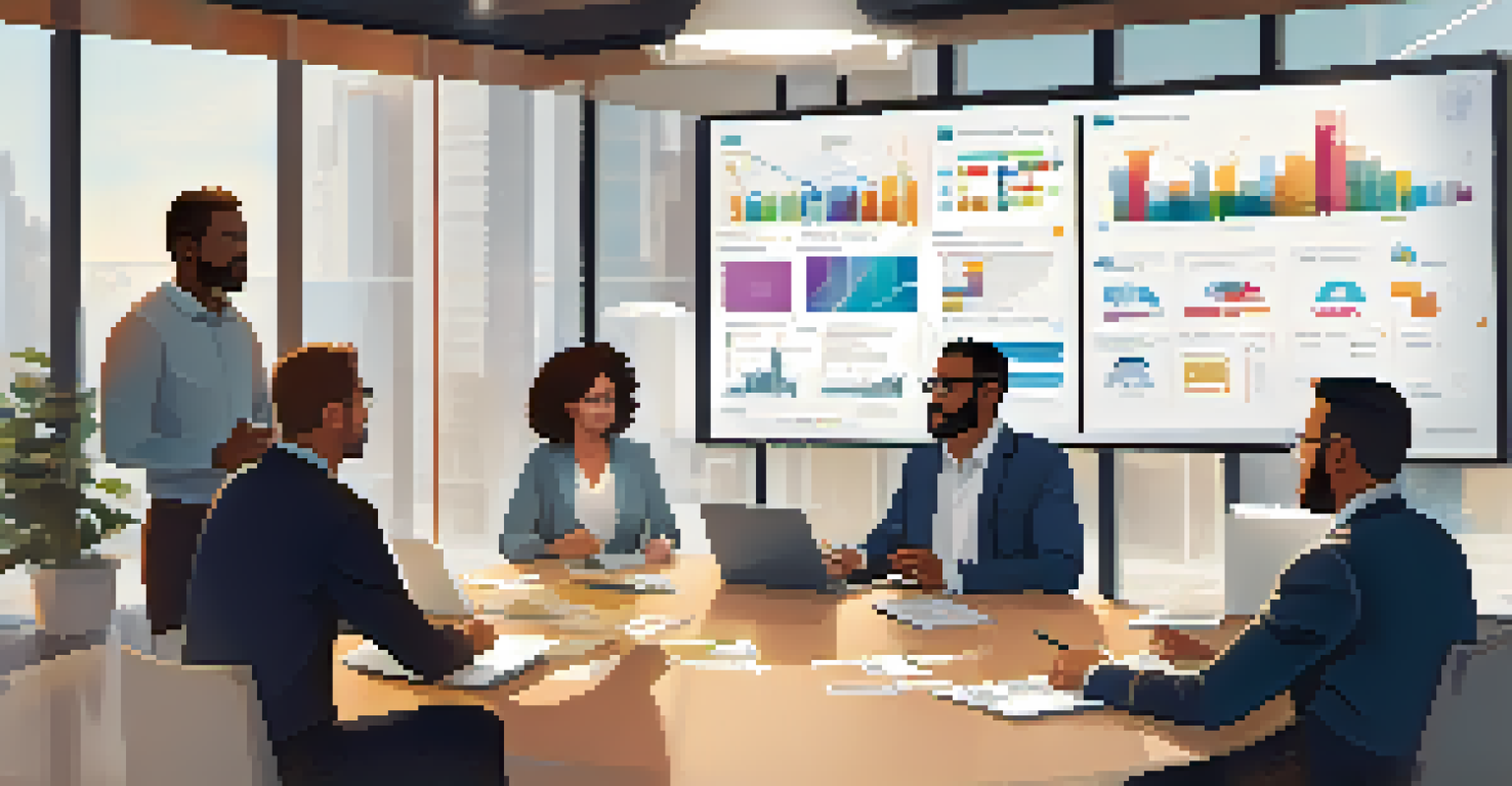 A group of diverse professionals in a meeting room discussing data governance, with a large screen displaying data dashboards.