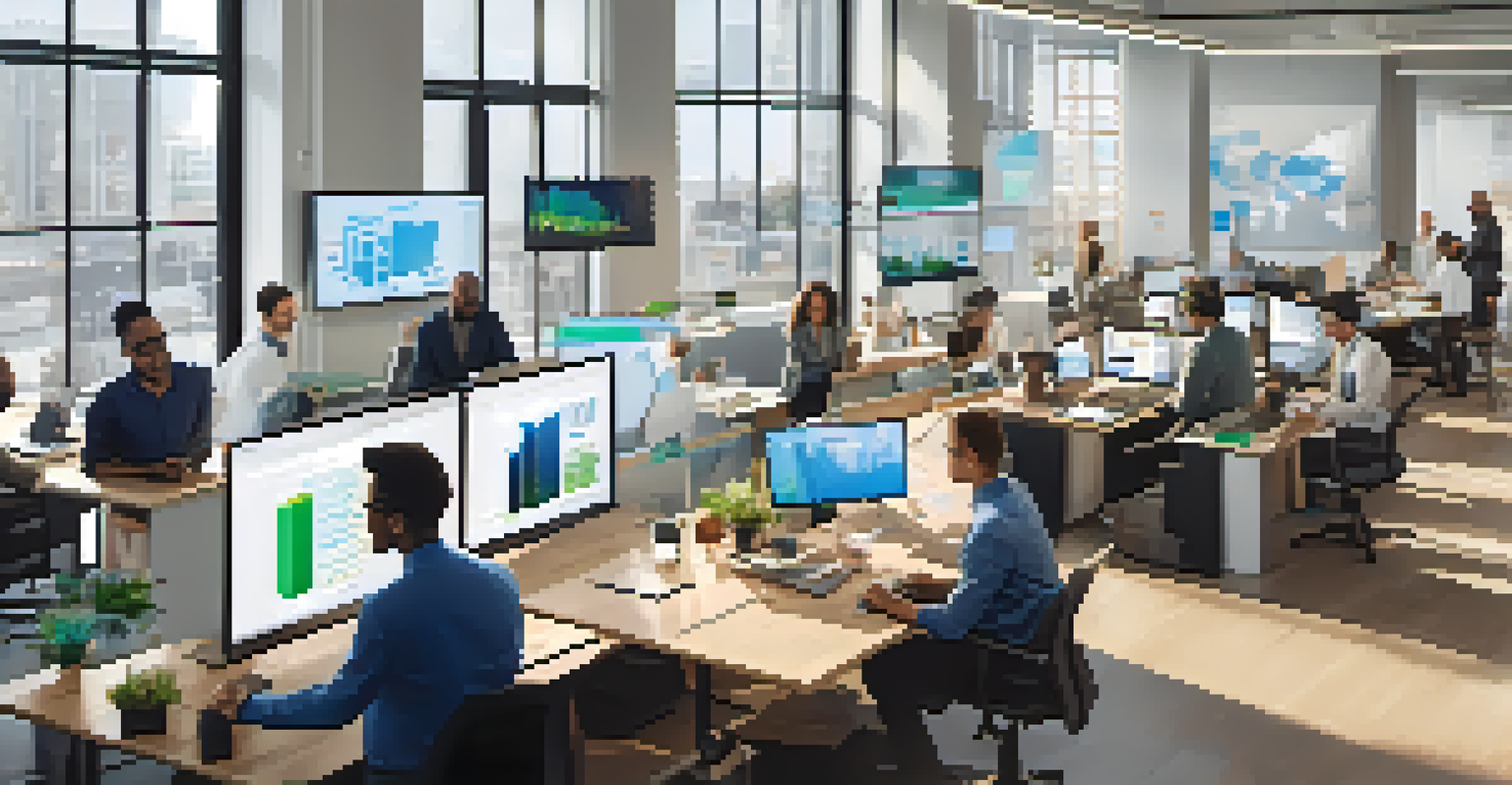 A diverse team working together in a modern office, using cloud-based tools and analytics on their laptops.