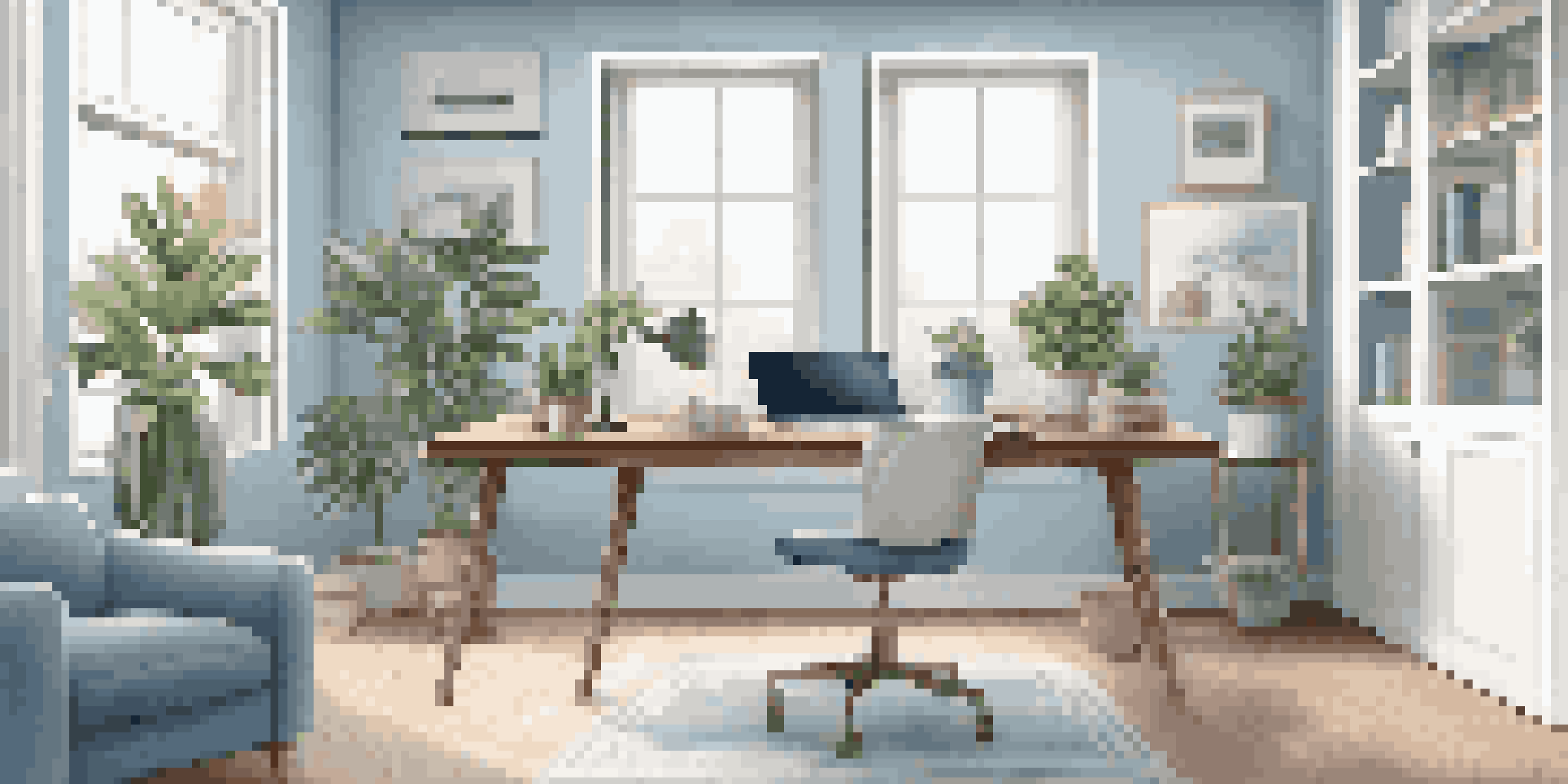 A modern office workspace with a laptop, potted plants, and a large window with natural light.