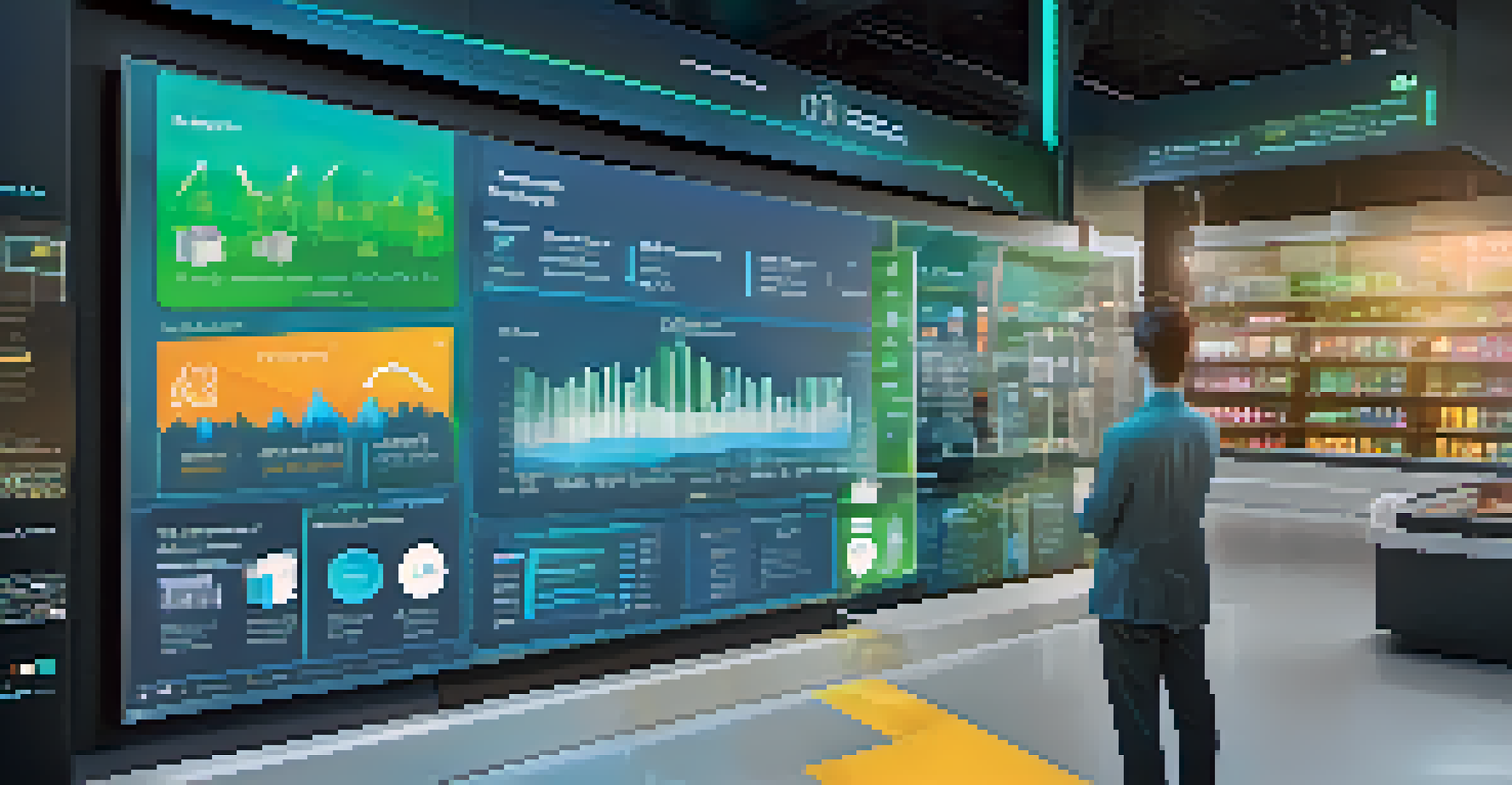 A futuristic retail analytics dashboard displaying augmented reality interaction data with graphs and holographic elements in blue and green.