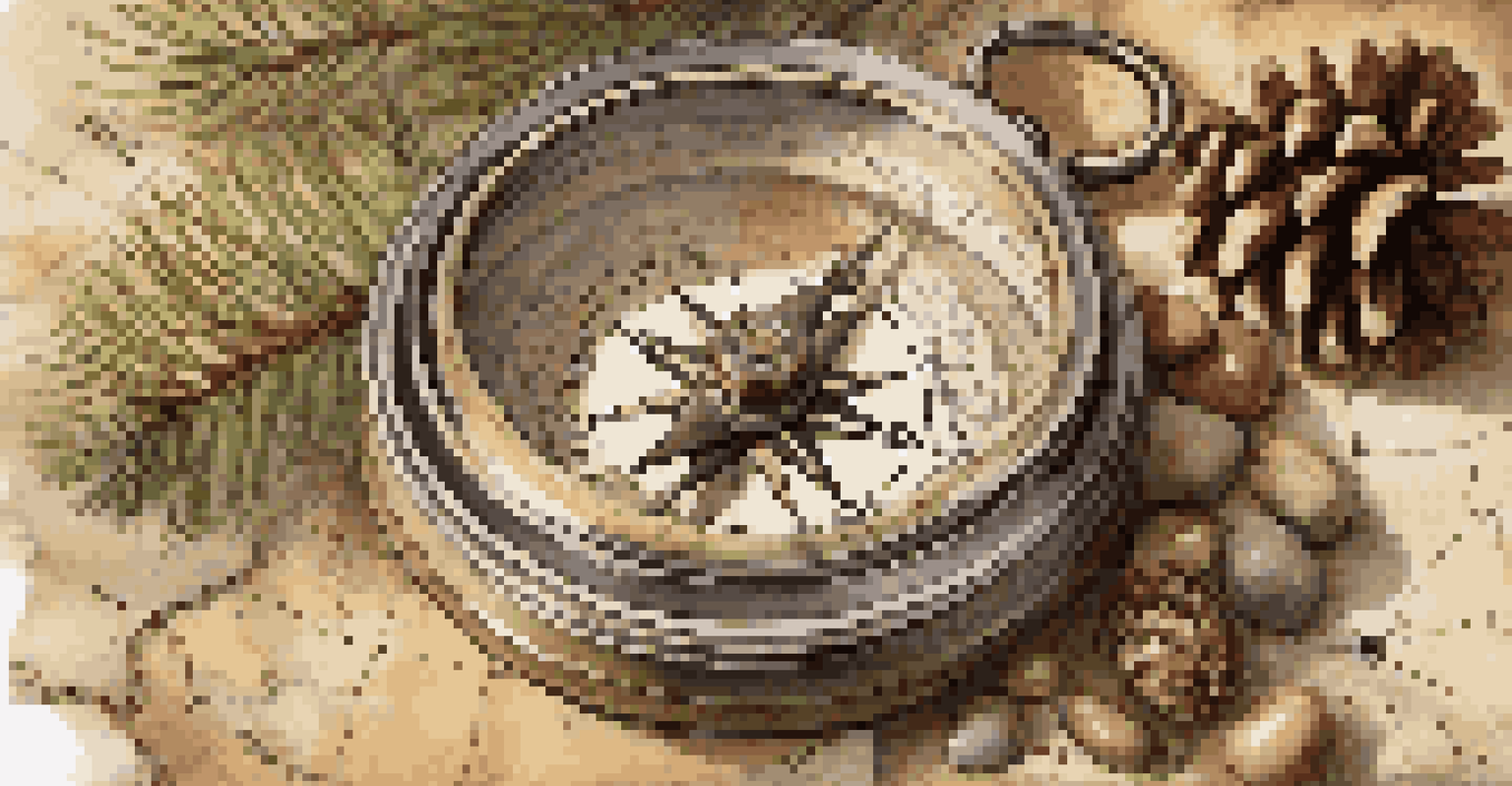 A vintage compass on an old map, surrounded by pine cones and pebbles, illuminated by warm light.