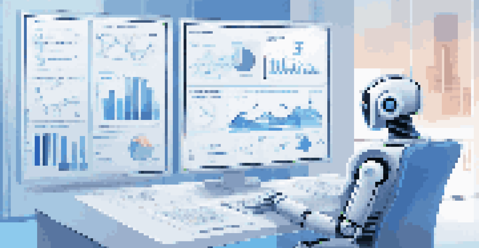 An infographic illustration of a friendly robot chatbot analyzing user data in a modern office setting with graphs and charts.