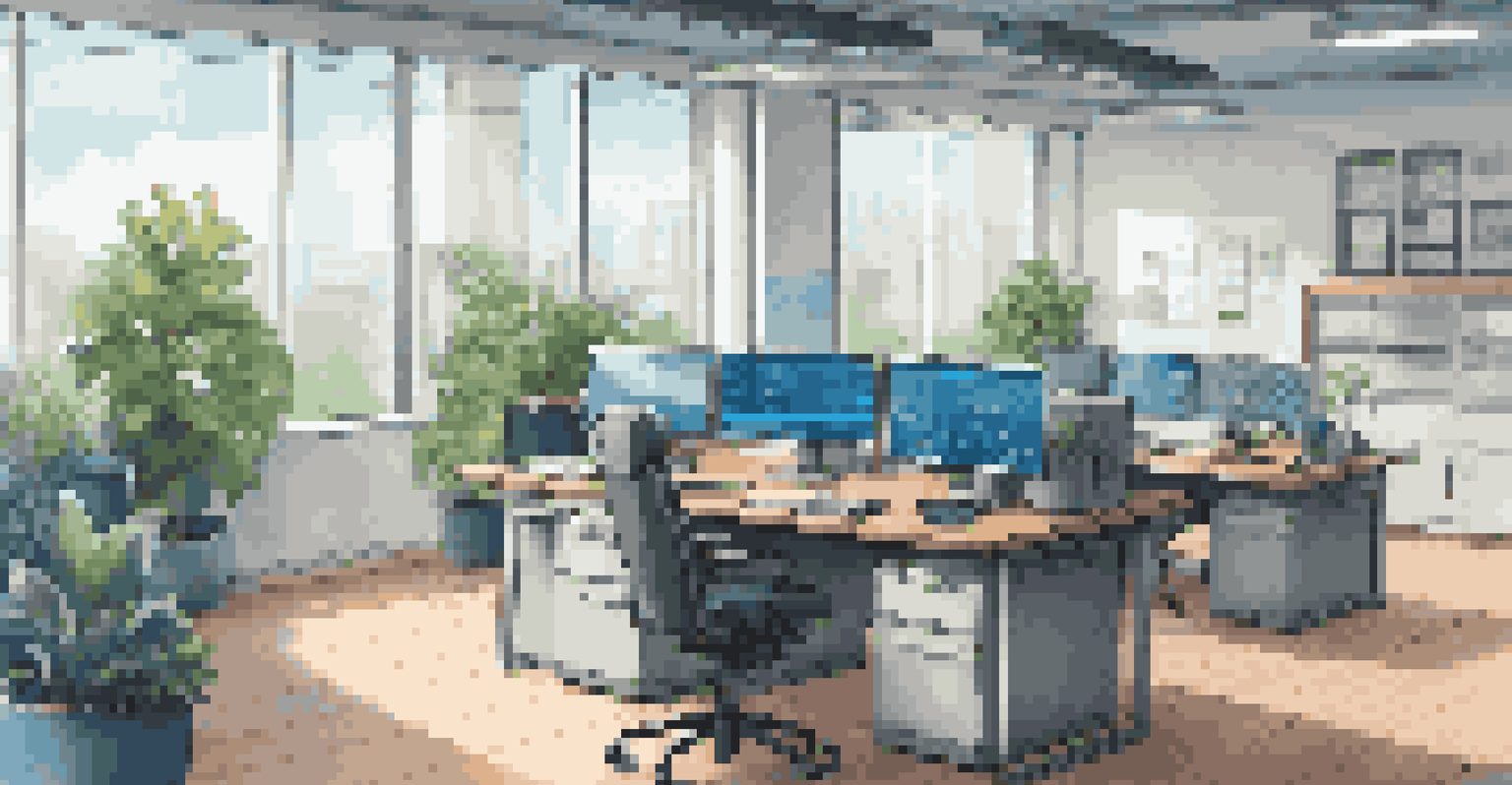 A bright modern office with a computer setup showing data analytics, large windows, and plants.