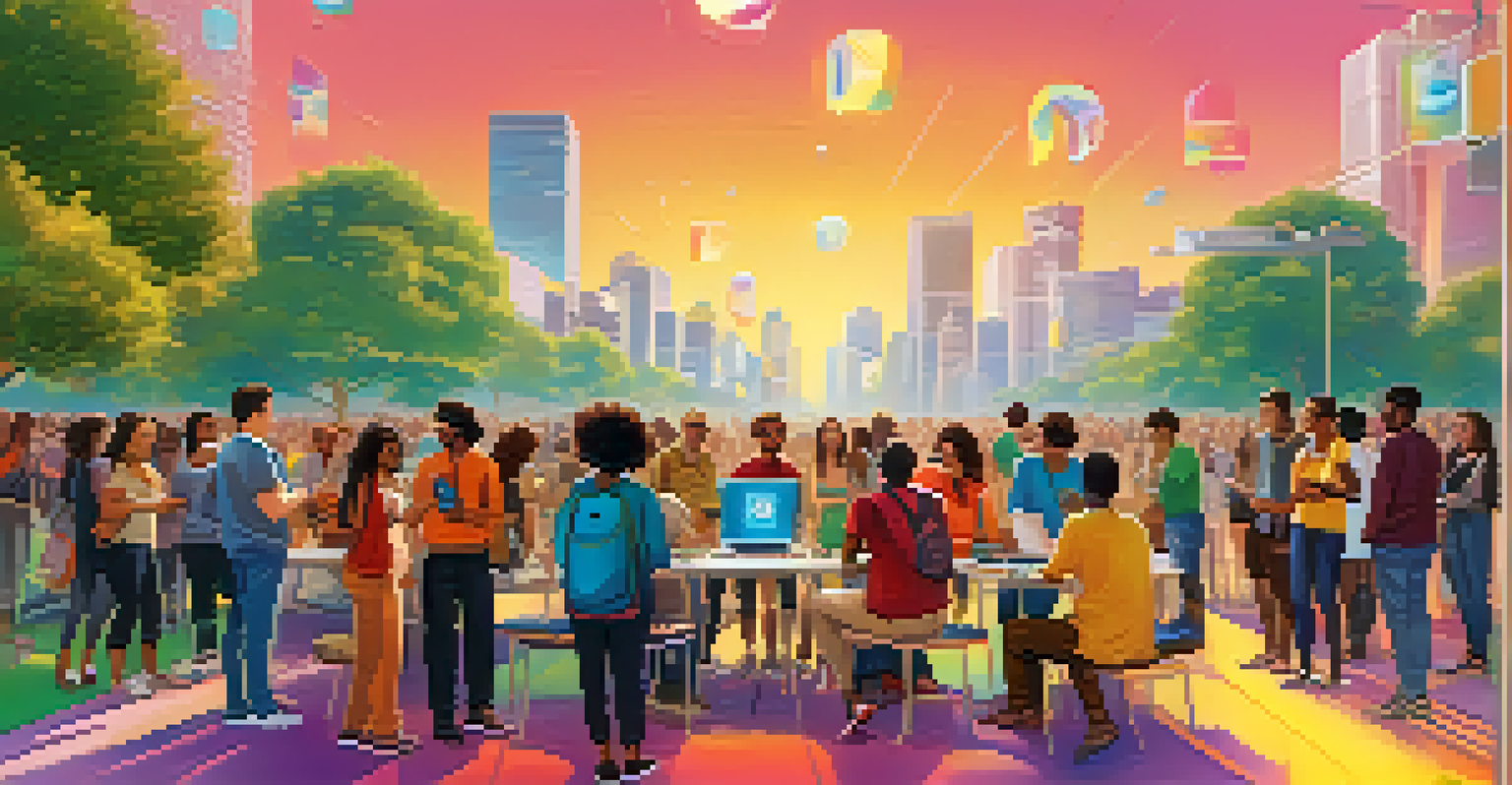 Diverse individuals accessing their digital identities on different devices in a vibrant outdoor setting.