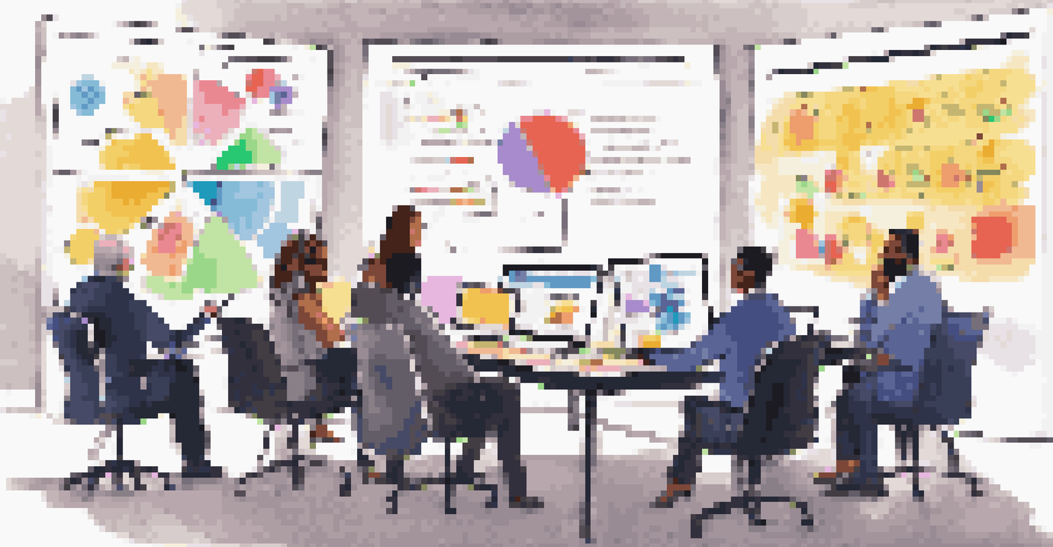 A diverse group of professionals engaged in a marketing meeting discussing customer segmentation strategies with colorful graphs.