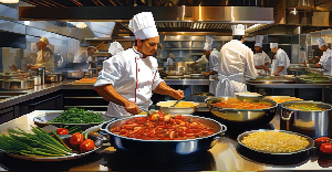 A busy restaurant kitchen with chefs preparing various dishes, surrounded by colorful ingredients and warm lighting.