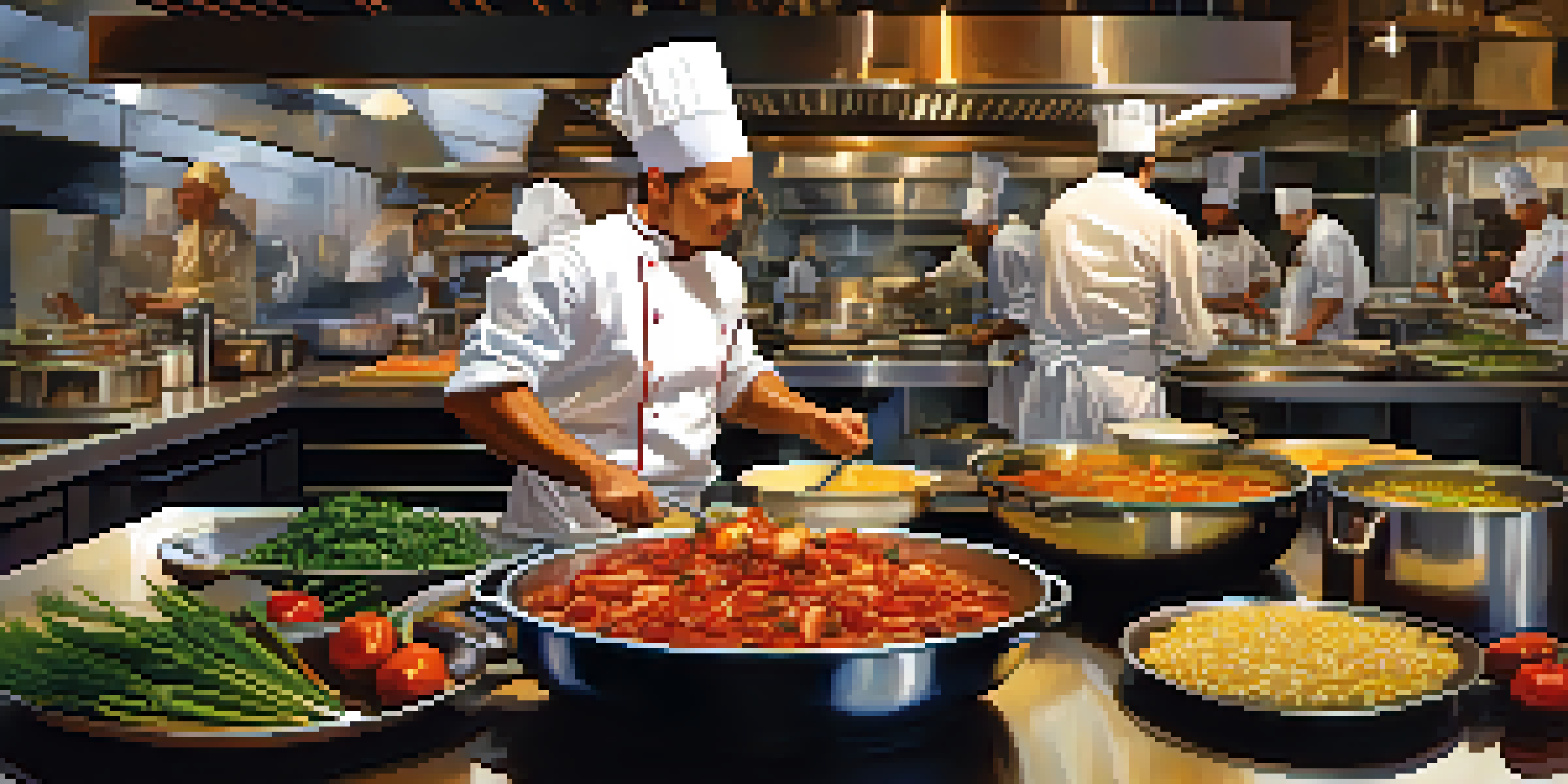 A busy restaurant kitchen with chefs preparing various dishes, surrounded by colorful ingredients and warm lighting.