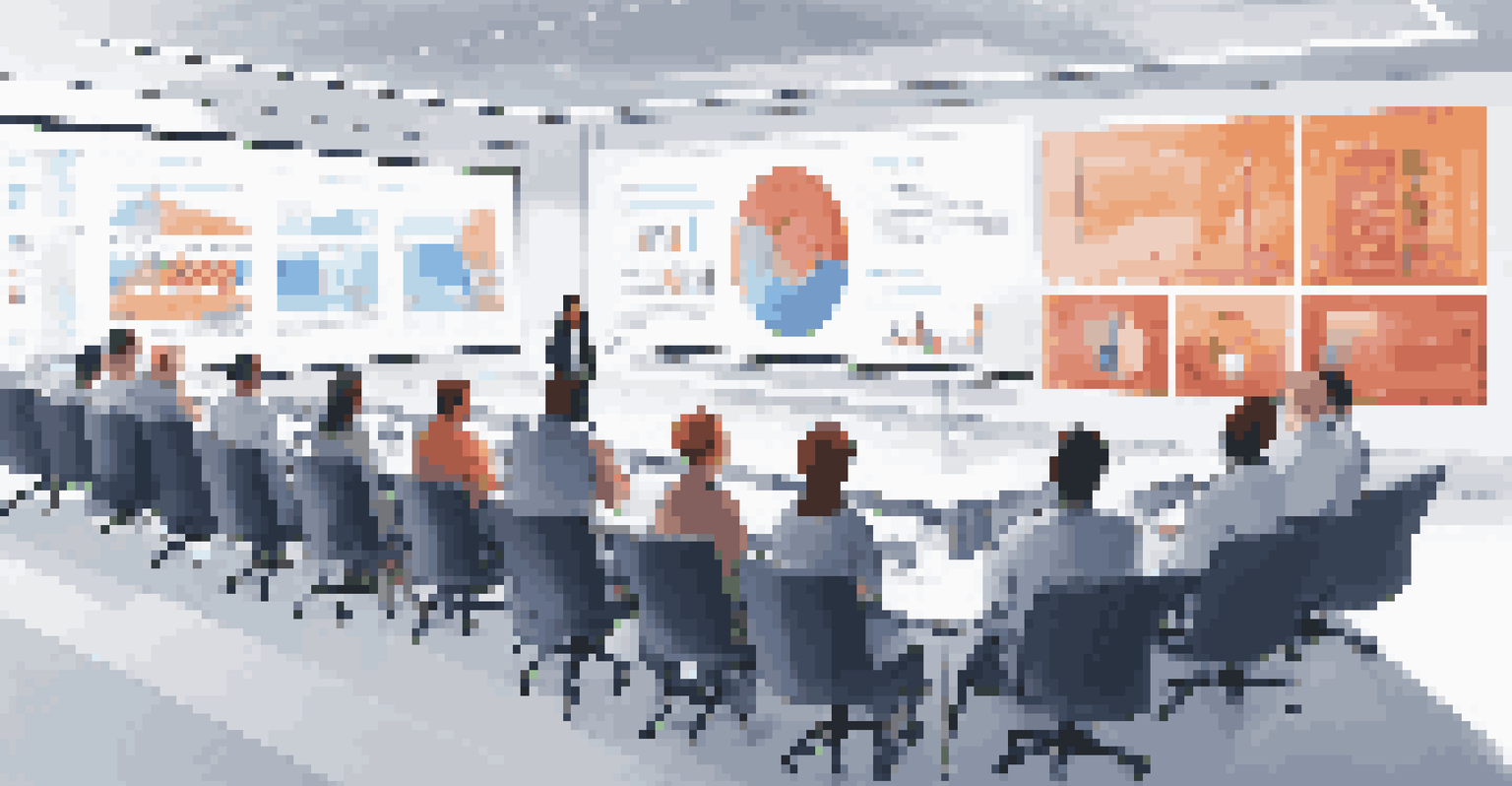 Diverse employees in a modern training room, listening to a presenter, with digital screens displaying data privacy training materials.