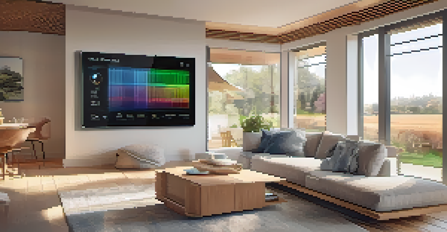 A smart home interface showing a digital twin of a house with energy usage data in a cozy living room filled with natural light.