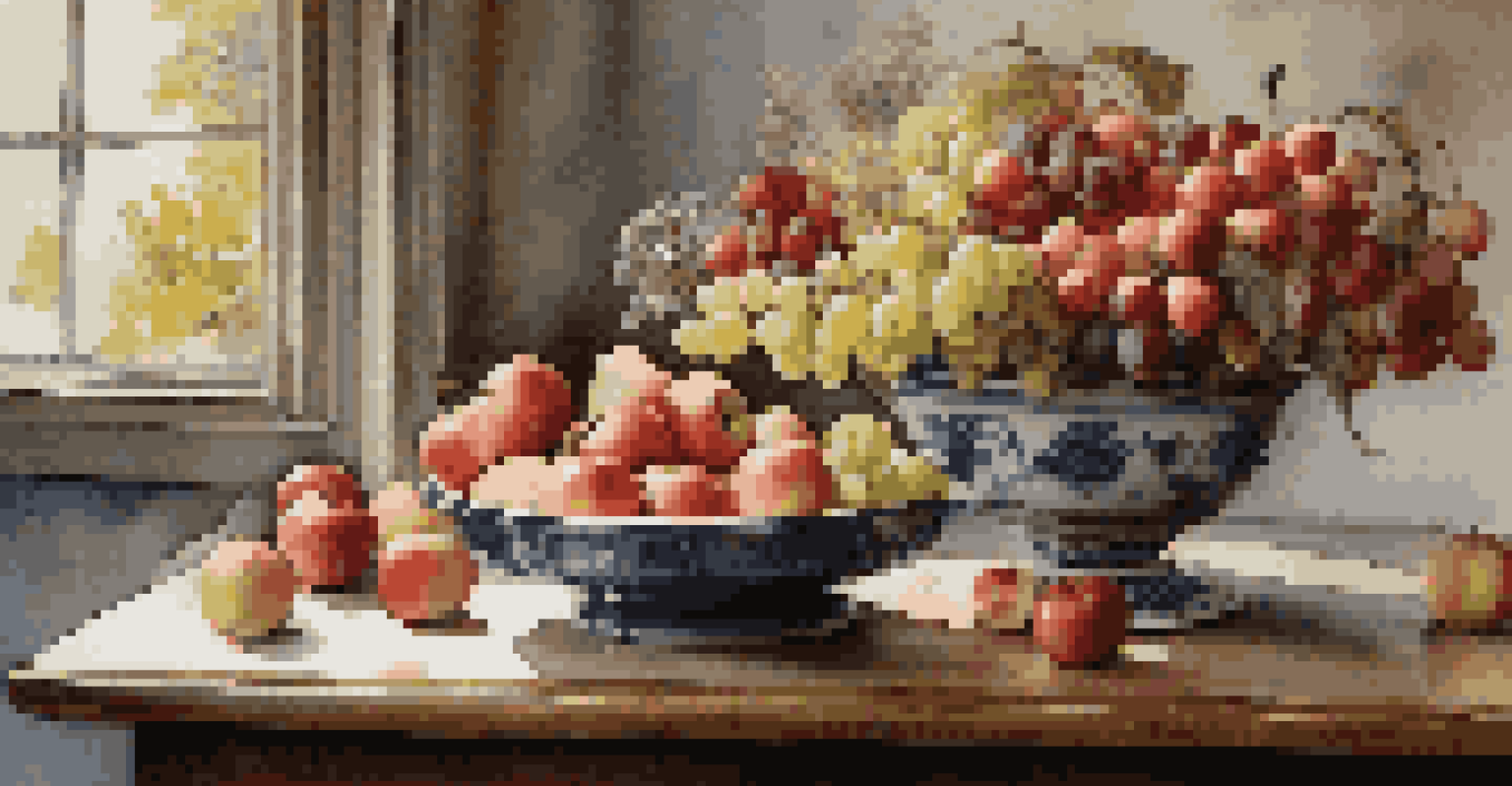 A still life with fresh fruits and a vase of wildflowers on a wooden table, illuminated by soft natural light.