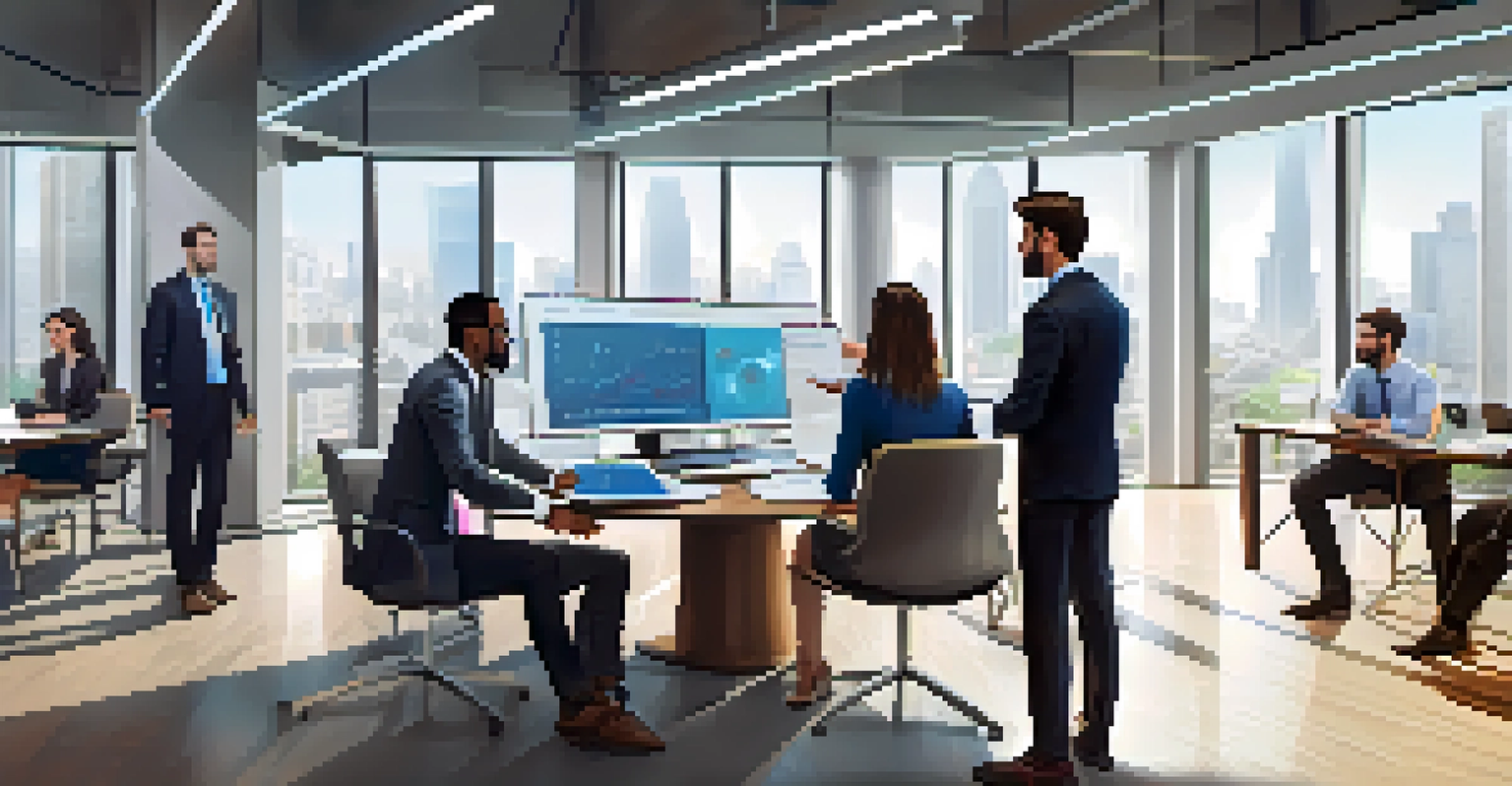 A diverse group of professionals in an office discussing blockchain technology, with graphs on a digital display and laptops on the table.