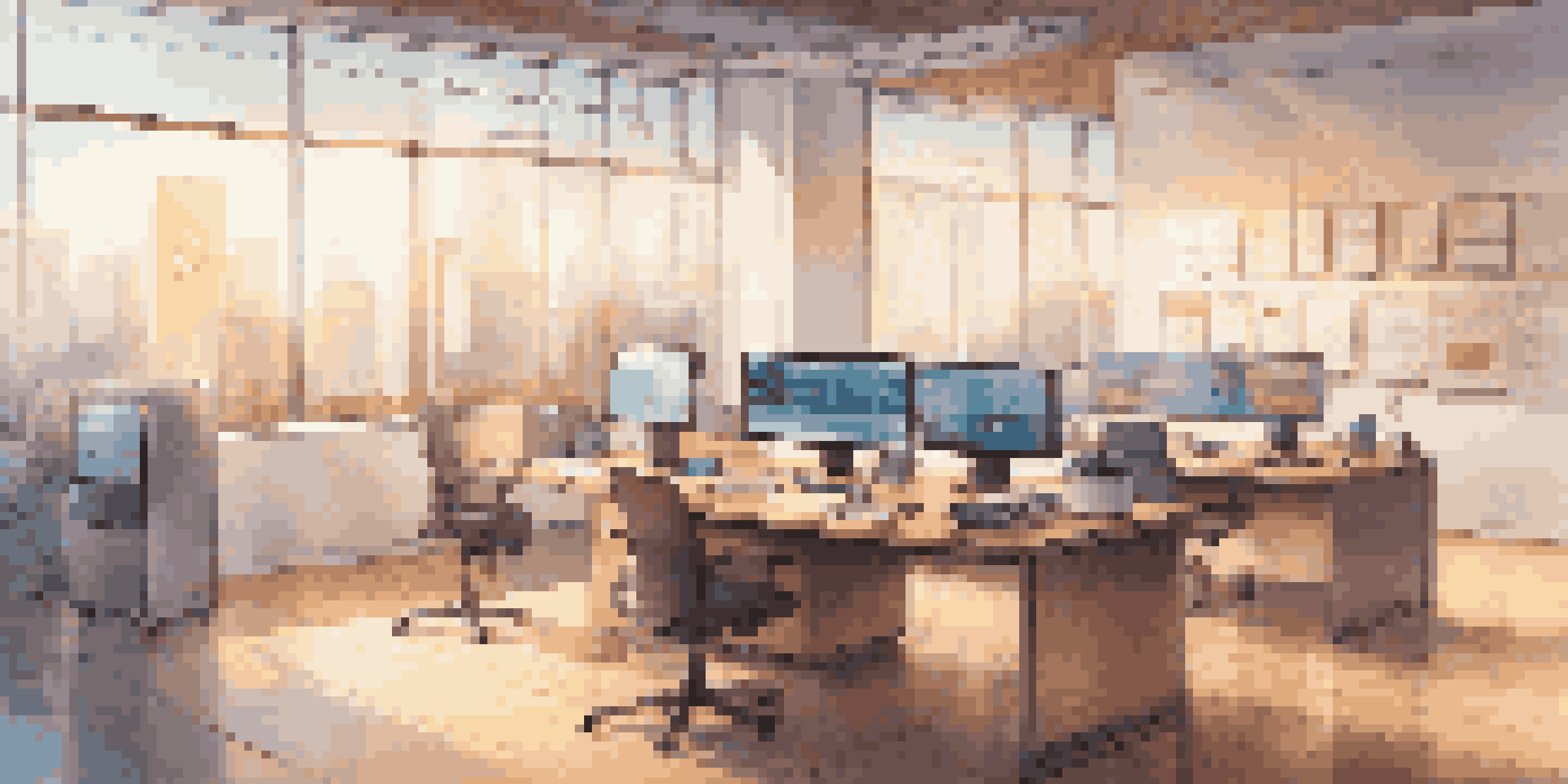 A modern office workspace with IoT devices, including a digital dashboard and sensors, illuminated by morning light.